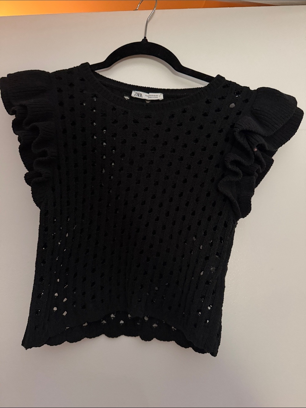 Zara Black Openwork Knit Top with Ruffle Sleeves